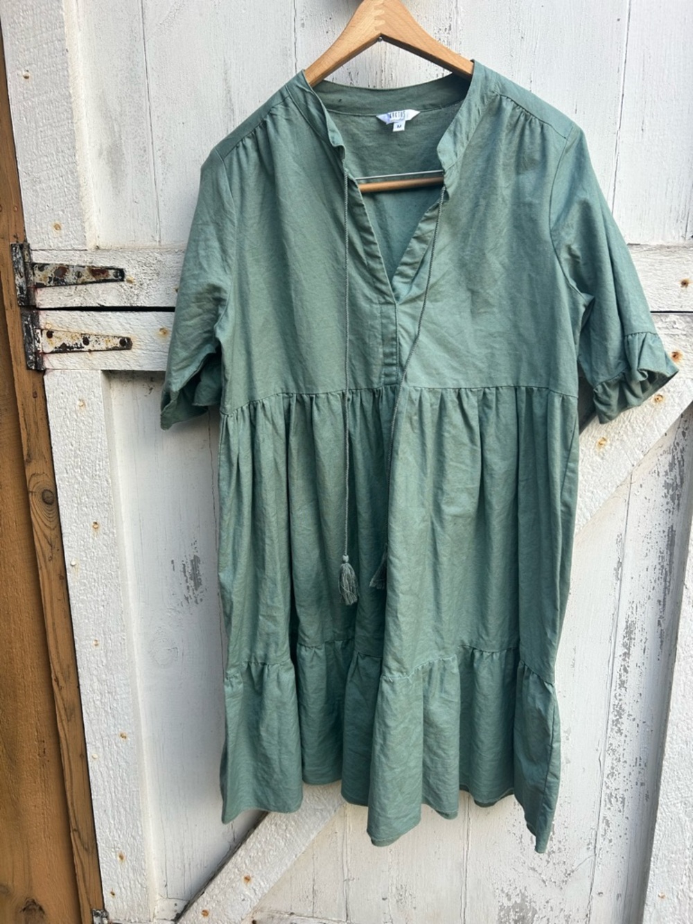 Linen and cotton Light Sage green Tiered Tunic Dress medium